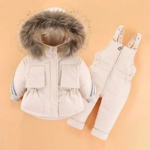 Down Coat Winter totalt för barn Kläder Set -30 grader Down Jacket Jumpsuit Baby Boy Parka Real Fur Girl Toddler Thick Warm Snowsuit 231202