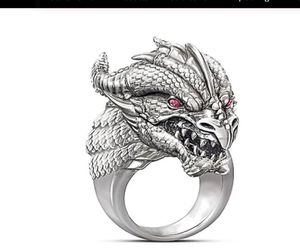 Anel de cabeça de dragão esculpido de luxo com olhos vermelhos para homens estilo punk vintage anel masculino festa anel de dedo masculino anéis animais joias 7295020
