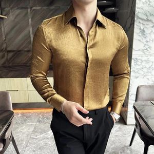 Herrklänningskjortor koreansk stil smoking långärmad ljus färg lyxkläder guld svart vit casual smal fit blus hane