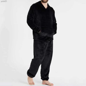 Mäns sömnkläder Mens Winter Fleece Warm Pyjama Set Soft Home Solid Color Pockets Hooded Pullover Tops and Pants Thick Plush Sleepwear HomeWearl231202