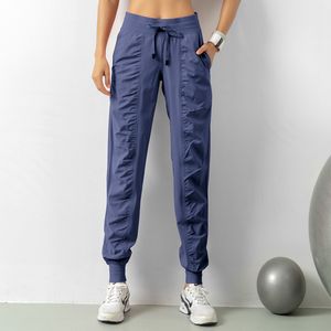 LL Women Sweatpants Yoga Full Length Pants Dance Studio Mid-Rise Jogger High Waist Training Drawcords Trousers Sportswear Quick-dry Stretchy Gym Tights with Pockets