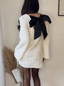 Casual Dresses Sequins White Dress for Women Bow Long Sleeve O-Neck Mini Female 2023 Winter Fashion Party Club Ladies Vestido 649