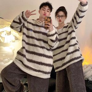 Mens Sleepwear Autumn And Winter Striped Couple Pajamas Thickened Coral Velvet Womens Flannel Warm Home Clothing Set