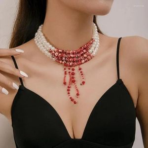 Pingente colares punk sangue padrão imitação pérola colar para mulheres moda multi-camada frisado curto gótico festa jóias presentes