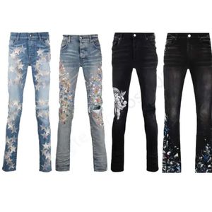 Designer lila för män staplade denim tårar jeans nödställda rippade cyklist svarta blå män penna am jeans slim fit motorcykel hiphop 688SS