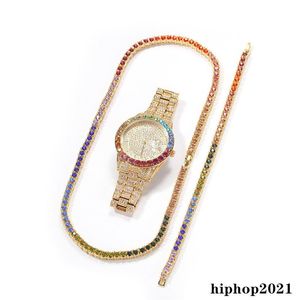 3 pezzi set da uomo Hip hop ghiacciato bling Catene Collana di diamanti colorati Bracciali Orologio Catene a maglie cubane Moda Hiphop Set di gioielli307V