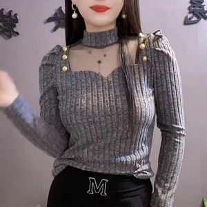 Women's Blouses Sexy Gauze Patchwork Hollow Out Shirt Autumn Winter Half High Collar Clothing Slim Solid Color Korean Chic Folds Blouse