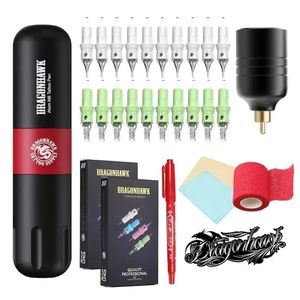 Tatueringsmaskin Dragonhawk Rotary Pen Kit Permanent Makeup med mini LCD -strömförsörjningskassettinålar Ink Set 231201