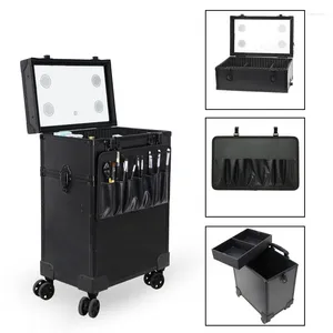 Suitcases Luxury Travel Makeup Suitcase LED Light Women Professional Manicure Large Capacity With Wheels Rolling Trolley Pc Case