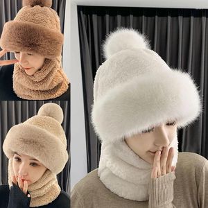 Berets Plüsch Verdickte Winter Frauen Schal Kappe Candy Farbe Anti-kälte Halswärmer Outdoor Winddichte Pullover Maskierte Hüte Weiche Fleece Hut