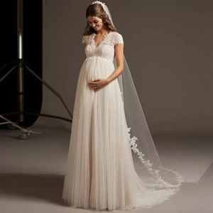 Urban Sexy Dresses Long Wedding Dress Pregnant Woman Open Back V Neck Elegant Plus Size Bridal Gown Cap Sleeve Lace Tulle robe de marie Custom 231202