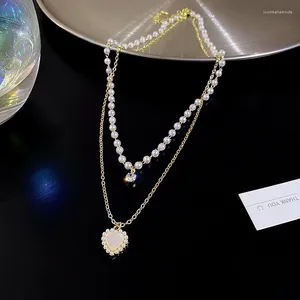 Pendant Necklaces Fashion Pearl Heart Necklace Cute Delicate Double Layer Stacking Collarbone Chain Female Jewellery Girl Gift