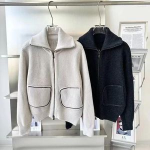 Women's Knits 2023 Autumn Winter Women Chain Pocket Lapel Zipper Cashmere Long Sleeve Right Shoulder Knitted Cardigan