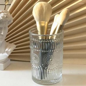 Wine Glasses 260ml/400ml Embossed Gold Edged Sunflower Glass Cup Makeup Brush Cylinder Desktop Storage Pen Bucket Water Washing