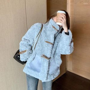 Kvinnors jackor koreansk stil vinter stå upp krage plysch jacka modell imitation päls kort blå tjock kappa 2023