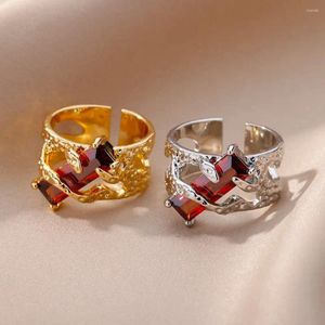 Fedi nuziali Vintage grande rettangolo rosso pietra per le donne Fasce in zirconi color oro argento antico Promettono gioielli con anello di fidanzamento