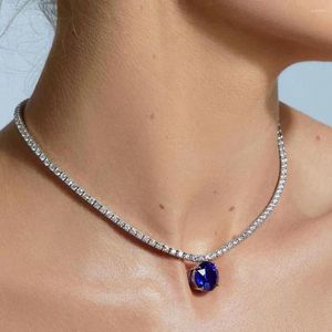 Kedjor Stonefans Classic Blue Crystal Round Pendant Necklace For Women Shiny Tennis Rheinestone Choker Choker Collar Jewlery