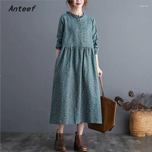 Abiti casual a maniche lunghe in cotone e lino con volant vintage floreali per le donne abito primavera autunno allentato abbigliamento elegante 2023