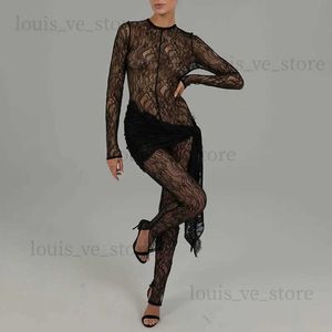 Tute da donna Rompers Women Sexy Lace Saltsuit 2023 Autunno Vedi attraverso il nastro a maniche lunghe Ribbon Spillati di festa Slim Club Slim Rompers T231202