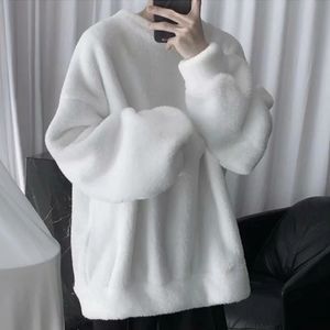 Herrtröjor tröjor överdimensionerade tröjor fast färg lamm hår o-hals långärmad mäns tröja koreanska mode lösa hoodies streetwear harajuku 231201