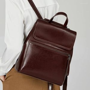 Okul çantaları yağ balmumu inek derisi deri vintage backpack kadın marka kadınlar için büyük kapasite çantası kızlar retro