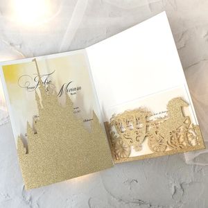 Greeting Cards Themed Castle and Carriage Tri Fold Luxury Laser Cut Wedding Invitation cards birthday Party Favor Decoration 231202
