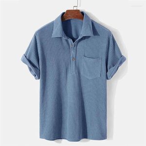 Men's Casual Shirts Solid Color Plaid For Men Summer Fashion Pocket Design Short Sleeve Shirt Blouse Clothing Loose T