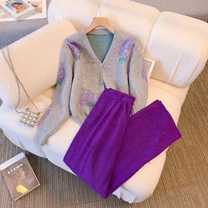Womens Two Piece Pants 2piece sweater set for womens track clothing Vneck sweaterloose fitting mens chip flower open collar sweaterpurple pants 231201