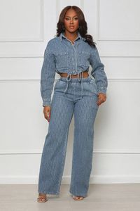 Women s Two Piece Pant Fashion Denim Set Turn Down Collar Long Sleeve Buttons Drawstring Jackets Crop Top Wide Leg Jeans Suits 231202