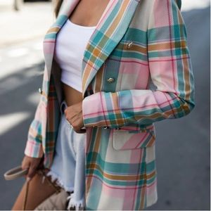 Kobiety dla kobiet Blazery jesień i zimowe klimatyczne kieszenie na guziki kołnierza Plaid Slim Cardigan Fashion Casual Eleganshigh Street Długie rękawy 231201