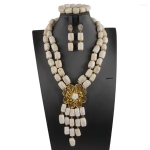 Necklace Earrings Set Natural White Coral Beads Jewelry Flower Pendant For Women Fashion Design African Wedding Party Accessorise ABS195