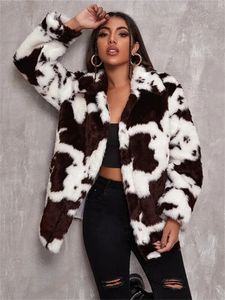 Womens Fur Faux Winter Women Fleece Jackets Furry Teddy Coat Harajuku Milk Cow Print Jacket Vintage Hip Hop Warm Streetwear 231202