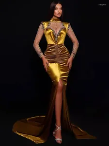 Casual Dresses Women Luxury Sexy Crystal Rhinestone Gold Long Sleeve Maxi Dress 2023 Elegant Party Evening Stage Performance Vestido