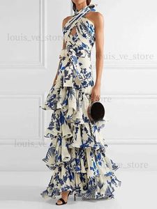 Urban Sexy Dresses Elegant Vintage Printed Ruffle Maxi Dress Women Fashion Sleeveless Cross Halter Slim Robes 2023 Beach Wedding Party Vestidos T231202