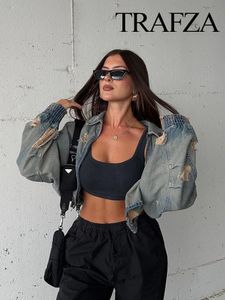 Women s Jackets TRAFZA Autumn Hole Decorated Denim Short Jacket Fashionable O neck Long Sleeve Zipper Loose Top 231202