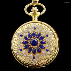 Pocket Watches Luxury Blue Rhinestone Gold Chain Quartz Watch Vintage Men's And Women's Necklaces Pendant Jewelry Clock Gift