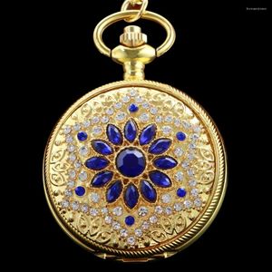 Orologi da tasca Orologio al quarzo con catena in oro con strass blu di lusso Orologio vintage con ciondolo per gioielli da uomo e da donna