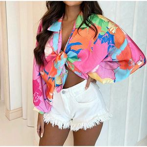 Frauen Pullover Sexy Gedruckt Übergroßen Hemd Spitze Up Lange Batwing Hülse Revers Mode Strickjacke Weibliche Top 2023 Frühling Straße shirts