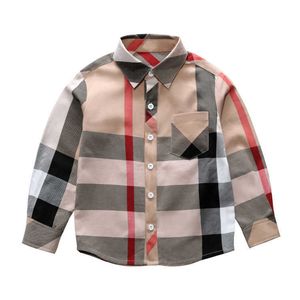 Children's clothing 3 Spring and Autumn clothing Boys' lapel long sleeved plaid bottom shirt Fashion clothing
