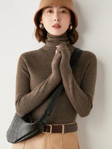 Suéter feminino mistura de lã 2023 outono inverno suéter alto elástico gola guarnição cor sólida fundo malha pulôver marrom plus size