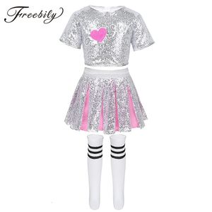 Детская танцевальная одежда черлидинга с блестящими пайетками, укороченные топы с юбкой, носки, наряд для девочек, сценический костюм в стиле хип-хоп, джазовый танец 231201