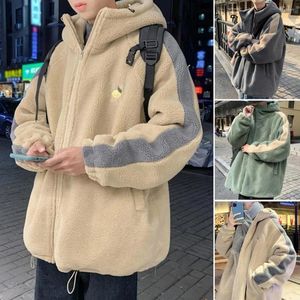 Men's Jackets Men Polyester Jacket Windproof Winter Warm Hooded With Faux Sherpa Drawstring Hem Contrast For Students