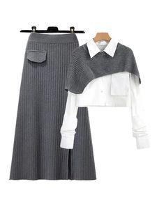 Calças femininas de duas peças primavera outono tamanho grande camisa xale três peças conjunto cintura alta tricô meia saia conjunto feminino moda 3 231202