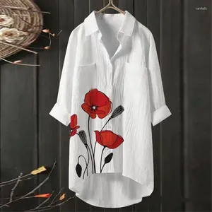 Women's Blouses Lady Fashion Print Casual Long Shirts Women Lapel Button Loose Blouse Thin Summer Cotton Linen Beach Sunscreen Tops Coat J89