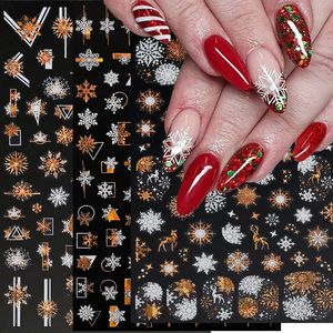 Наклейки-наклейки 3D золото-белые снежинки Лось Наклейки для ногтей Годы Рождественские наклейки Дизайн ногтей Зимние украшения Маникюр Слайд-наклейки 231202