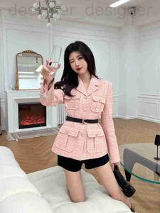 Women's Jackets designer brand 2023 New Temperament Small Fragrant Wind Thick Nylon Line Flip Collar Work Dress Pocket Pink Coat with Belt YEOU