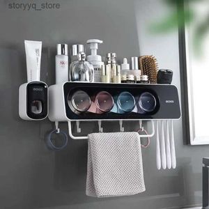 Toothbrush Holders Ecoco Wall-Mounted Toothbrush Holder Free Punching Automatic Toothpaste Dispenser Bathroom Storage Rack Bathroom Accessories Q231202