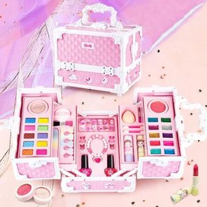 Skönhetsmodsmakeup Set för Girls Box Suitcase Washable Kit Full Lipstick Eyeshadows nagellackklistermärken Kid Game Toy Gift 231202
