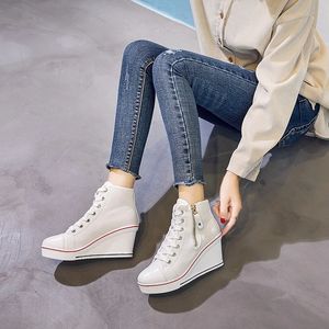 Boots Side Zip Hidden Wedge Women Shoes Invisible Heel Canvas Casual High Top Breathable Platform Sneakers 231201