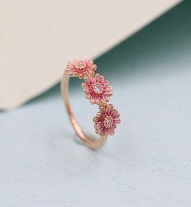 Wysoka jakość 100% 925 Sterling Srebrna róża różowa stokrotka Pierścień Trio European Style Biżuteria Charm9612609
